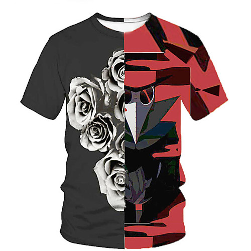 

Men's Floral T-shirt Short Sleeve Daily Slim Tops Round Neck Black