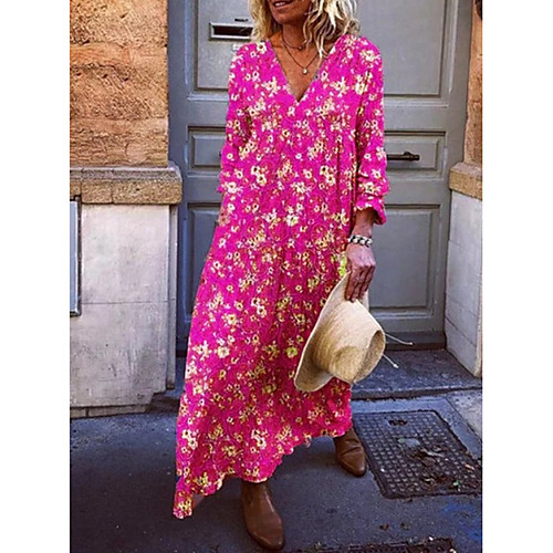 

Women's Maxi A Line Dress - Long Sleeve Floral V Neck Vacation Beach Loose Yellow Fuchsia Light Blue S M L XL XXL XXXL XXXXL XXXXXL