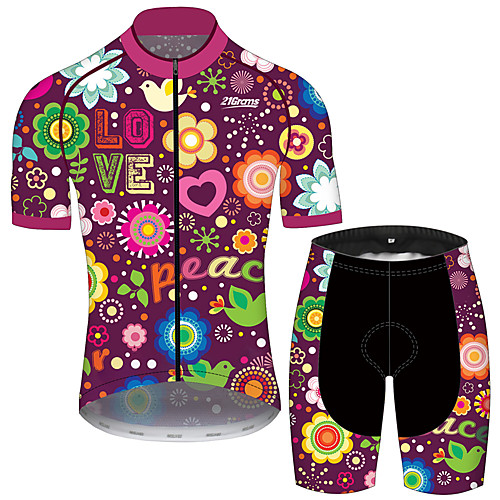 

21Grams Men's Short Sleeve Cycling Jersey with Shorts Spandex Polyester Purple Heart Floral Botanical Bike Clothing Suit UV Resistant Breathable 3D Pad Quick Dry Sweat-wicking Sports Heart Mountain