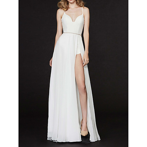 

A-Line White Sexy Prom Formal Evening Dress Spaghetti Strap Sleeveless Floor Length Chiffon with Beading Split 2021