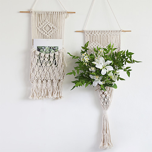 

2 pcs Hand Woven Macrame Tapestry Plant Hanger Holder Bohemian Boho Wall Hanging Ornament Art Decor Home Bedroom Living Room Decoration Nordic Handmade Tassel Cotton