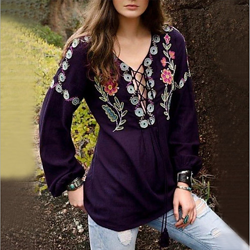 

Women's Geometric T-shirt - Cotton Daily V Neck Blue / Purple