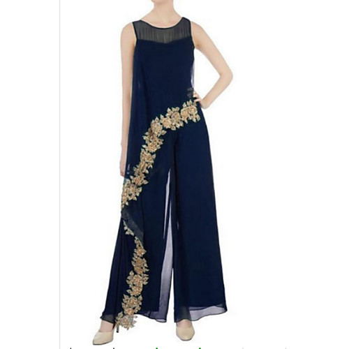 

Pantsuit / Jumpsuit Mother of the Bride Dress Elegant Jewel Neck Floor Length Chiffon Sleeveless with Appliques 2021