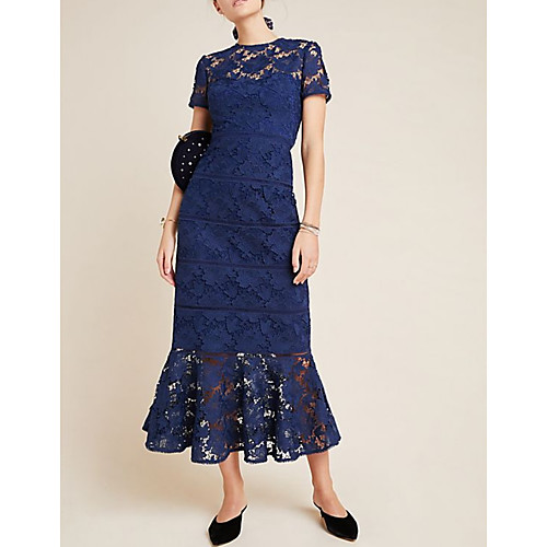 

Mermaid / Trumpet Mother of the Bride Dress Elegant Jewel Neck Ankle Length Lace Polyester Short Sleeve with Appliques 2021