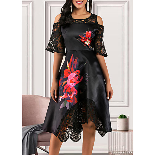 

Women's A Line Dress - Short Sleeve Floral Lace Ruffle Street chic Black M L XL XXL XXXL