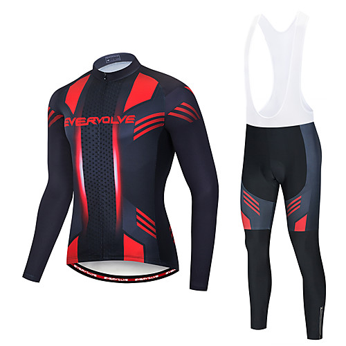 

EVERVOLVE Men's Long Sleeve Cycling Jersey with Bib Tights Polyester RedBlack Black / White Geometic Bike Clothing Suit Thermal / Warm Breathable 3D Pad Quick Dry Sweat-wicking Sports Solid Color