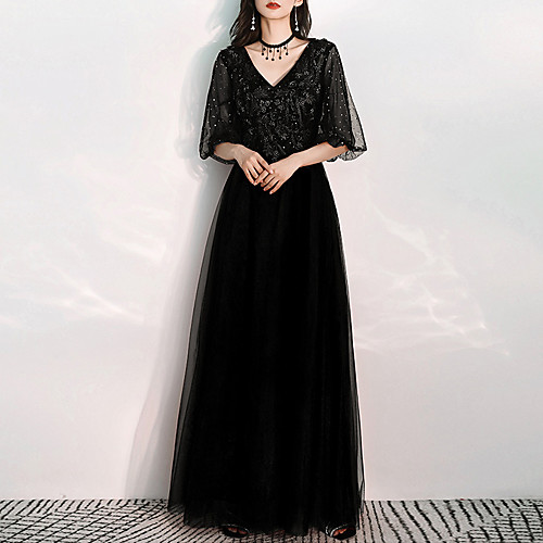 

A-Line Glittering Prom Formal Evening Dress V Neck Half Sleeve Floor Length Tulle with Appliques 2021