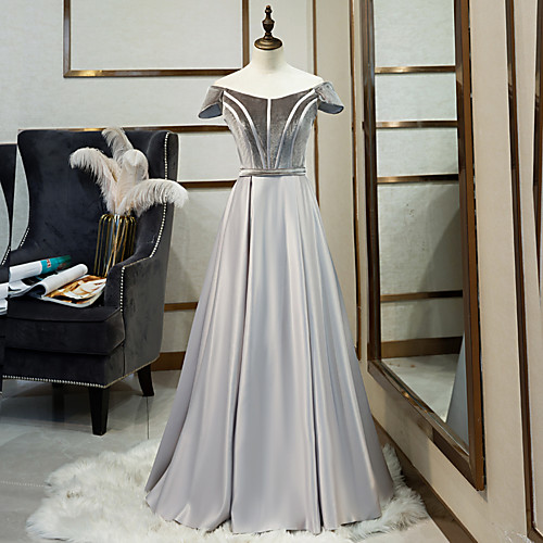 

A-Line Minimalist Prom Formal Evening Dress Illusion Neck Short Sleeve Floor Length Satin Velvet with Pleats 2021