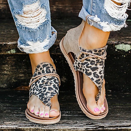 

Women's Sandals Flat Sandal Snakeskin Shoes Summer Flat Heel Open Toe Casual Vintage Daily Office & Career Striped Leopard PU Walking Shoes Black / Yellow / Beige