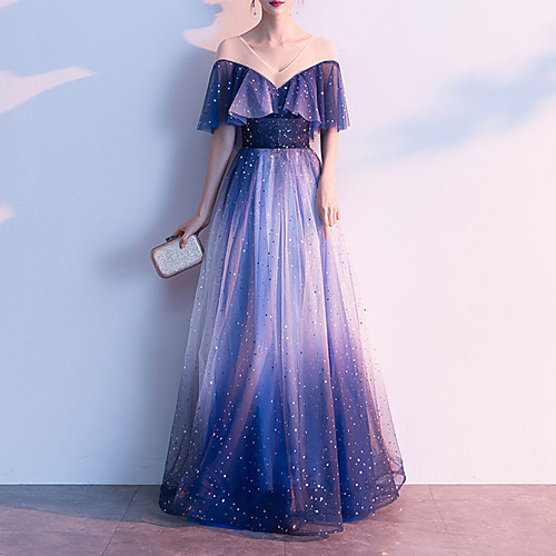 

A-Line Color Block Prom Formal Evening Dress Illusion Neck V Neck Short Sleeve Floor Length Tulle with Sequin 2021