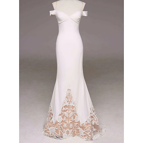 

Mermaid / Trumpet White Elegant Engagement Prom Dress Sweetheart Neckline Sleeveless Sweep / Brush Train Polyester with Lace Insert Appliques 2021