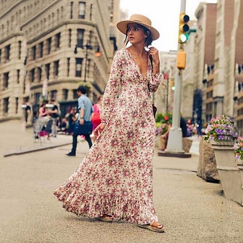 

Women's Maxi Swing Dress - Long Sleeve Floral Deep V Blushing Pink S M L XL XXL