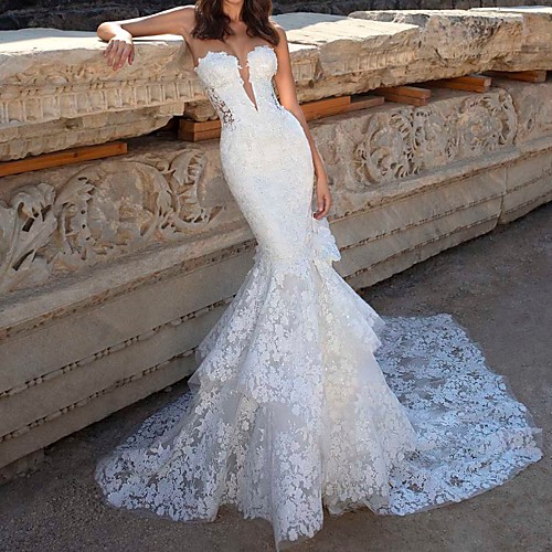 

Mermaid / Trumpet Wedding Dresses Strapless Court Train Polyester Sleeveless Country Plus Size with Lace Insert Appliques 2021