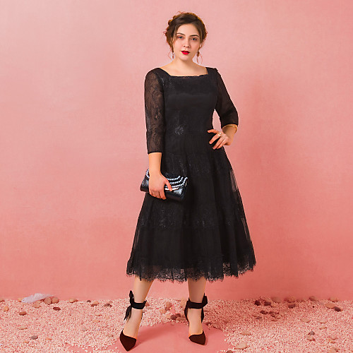 

A-Line Plus Size Party Wear Cocktail Party Dress Scoop Neck 3/4 Length Sleeve Tea Length Lace Satin Tulle with Appliques 2021