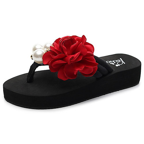

Women's Slippers & Flip-Flops Flat Heel Open Toe Imitation Pearl / Satin Flower Polyester Sweet / Preppy Walking Shoes Summer Red / Pink / Light Pink