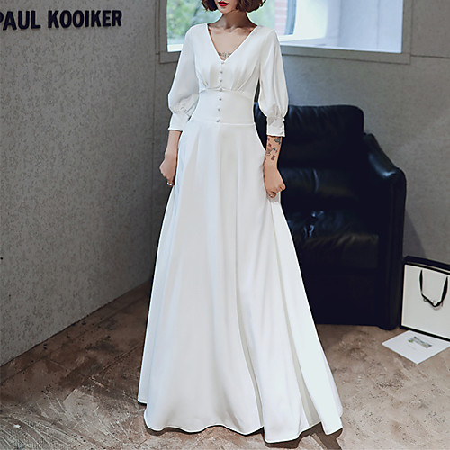 

A-Line White Retro Prom Formal Evening Dress V Neck 3/4 Length Sleeve Floor Length Spandex with Buttons 2021