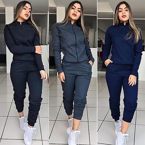 

Women's 2-Piece Full Zip Tracksuit Sweatsuit Jogging Suit Casual Long Sleeve Elastane Breathable Soft Fitness Running Jogging Sportswear Solid Colored Outfit Set Clothing Suit Jacket Black Dark Blue