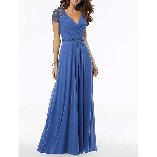 

A-Line Wedding Guest Formal Evening Dress V Neck Short Sleeve Floor Length Polyester with Pleats Beading 2021
