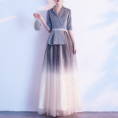 

A-Line Peplum Wedding Guest Formal Evening Dress V Neck Half Sleeve Floor Length Tulle Sequined with Sequin 2021