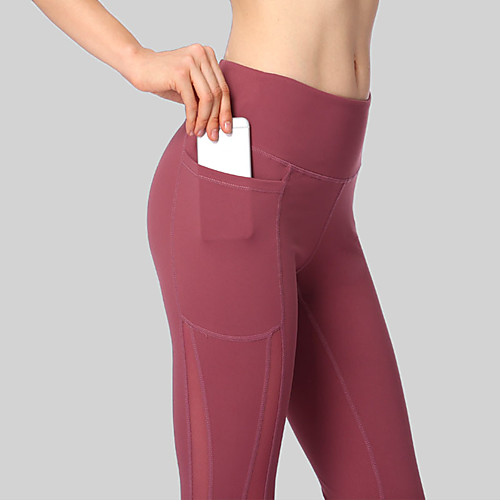 

Women's Yoga Pants Patchwork Pocket Black Pink Rose Red Spandex Mesh Running Fitness Gym Workout Tights Leggings Sport Activewear Quick Dry Soft Seamless Butt Lift Tummy Control Skinny