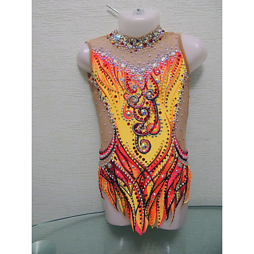

21Grams Rhythmic Gymnastics Leotards Artistic Gymnastics Leotards Women's Girls' Leotard Yellow Spandex High Elasticity Breathable Handmade Jeweled Diamond Look Sleeveless Training Dance Rhythmic