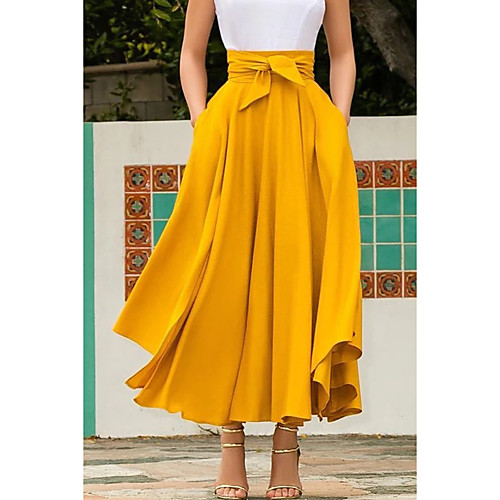 

Women's Daily Wear Basic Swing Skirts - Solid Colored Bow Yellow Red Orange S M L