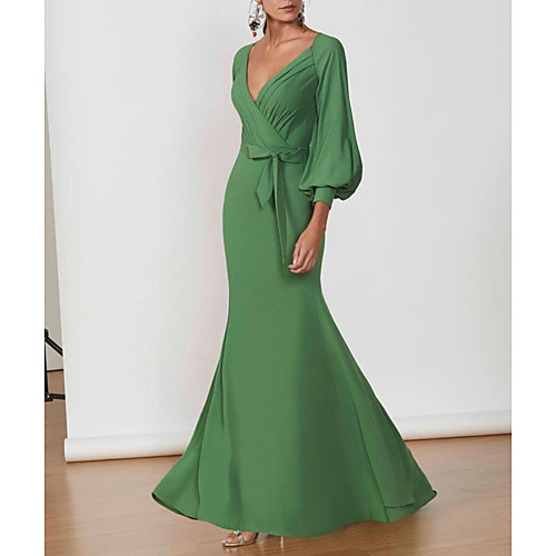 

Mermaid / Trumpet Elegant Wedding Guest Formal Evening Dress V Neck 3/4 Length Sleeve Floor Length Polyester with Sash / Ribbon 2021