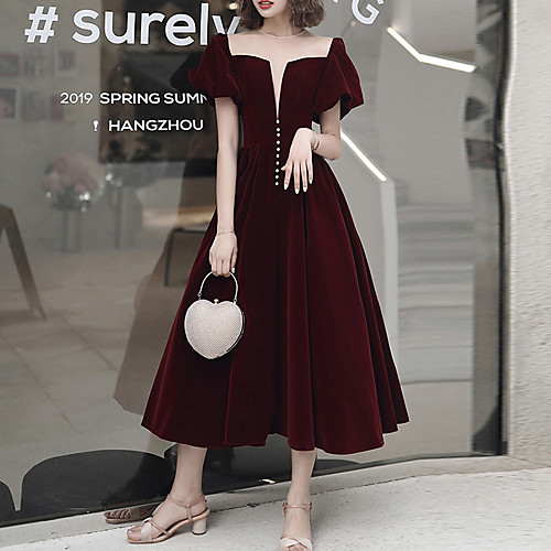 

A-Line Vintage Cocktail Party Prom Valentine's Day Dress Scoop Neck Short Sleeve Tea Length Velvet with Beading 2021