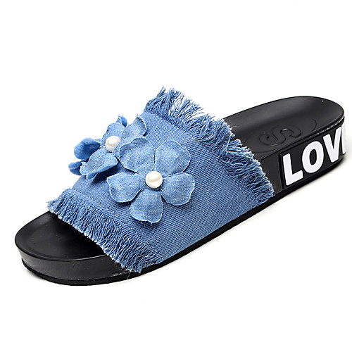 

Women's Slippers & Flip-Flops Flat Heel Open Toe Satin Flower Canvas / Denim Classic / Casual Walking Shoes Summer Dark Blue / Light Blue