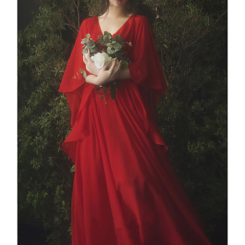 

A-Line Empire Engagement Formal Evening Dress V Neck Long Sleeve Floor Length Chiffon with Pleats Draping 2021