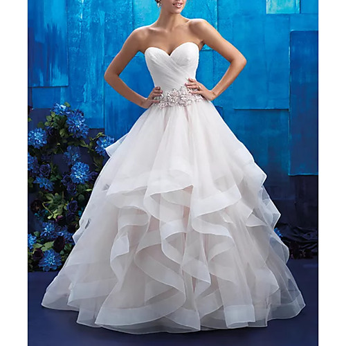 

Ball Gown Wedding Dresses Strapless Sweep / Brush Train Tulle Polyester Sleeveless Country Plus Size with Beading Draping Appliques 2021