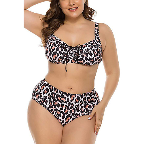 

Women's Tankini Swimsuit Bow Print Leopard Black Plus Size Swimwear Halter Bathing Suits