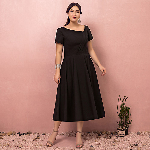 

A-Line Plus Size Party Wear Cocktail Party Dress V Neck Short Sleeve Tea Length Polyester with Ruched 2021