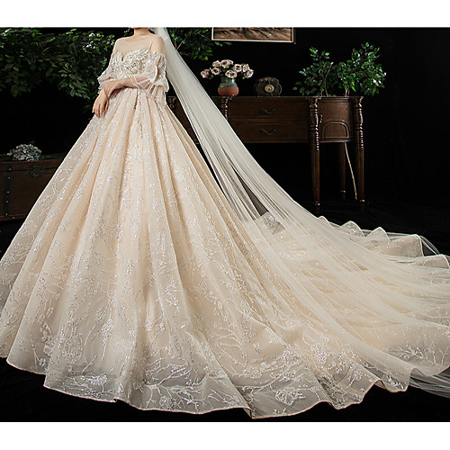 

Ball Gown Wedding Dresses Jewel Neck Watteau Train Lace Tulle 3/4 Length Sleeve Formal Wedding Dress in Color Plus Size with Lace Lace Insert 2021