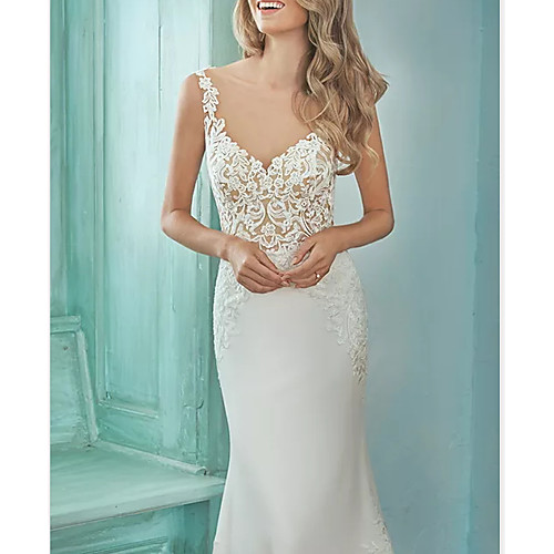 

Mermaid / Trumpet Wedding Dresses V Neck Sweep / Brush Train Lace Polyester Sleeveless Casual Plus Size with Appliques 2021