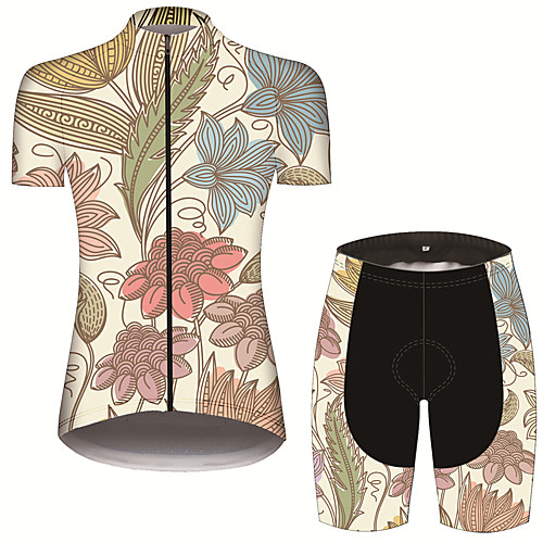 

21Grams Women's Short Sleeve Cycling Jersey with Shorts Spandex Polyester Black / Yellow Leaf Floral Botanical Bike Clothing Suit Breathable 3D Pad Quick Dry Ultraviolet Resistant Sweat-wicking Sports