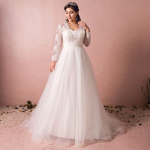 

A-Line Wedding Dresses Jewel Neck Court Train Lace Satin Tulle Long Sleeve Formal Plus Size Illusion Sleeve with Buttons Ruched Lace Insert 2021