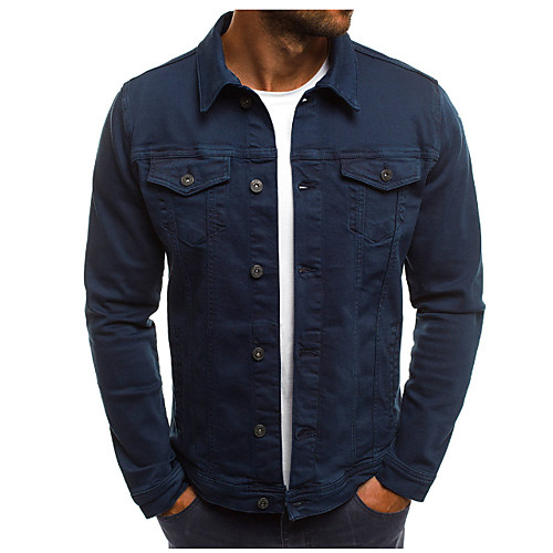 

Men's Daily Regular Denim Jacket, Solid Colored Shirt Collar Long Sleeve Cotton Black / White / Army Green