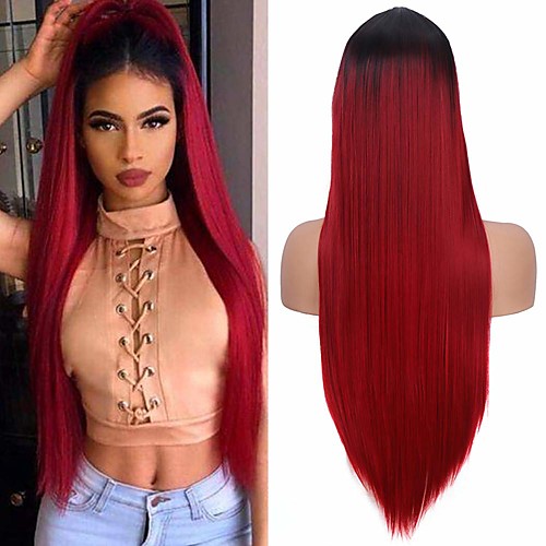 

Synthetic Wig kinky Straight Halloween Asymmetrical Wig Burgundy Long Ombre Burgundy Synthetic Hair 28 inch Women's Best Quality Burgundy