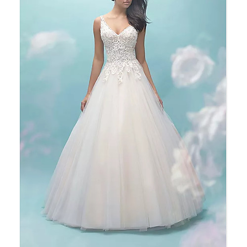 

Ball Gown Wedding Dresses V Neck Sweep / Brush Train Lace Tulle Sleeveless Formal Casual Plus Size with Draping 2021