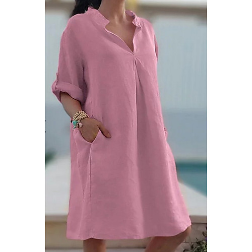 

Women's Shift Dress - Long Sleeve Solid Color Shirt Collar Loose Blue Yellow Blushing Pink Fuchsia Gray S M L XL XXL XXXL
