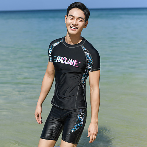 

Men's Rash Guard Dive Skin Suit Two Piece Swimsuit Elastane Swimwear UV Sun Protection Breathable Quick Dry Short Sleeve Swimming Surfing Water Sports Patchwork Summer / High Elasticity