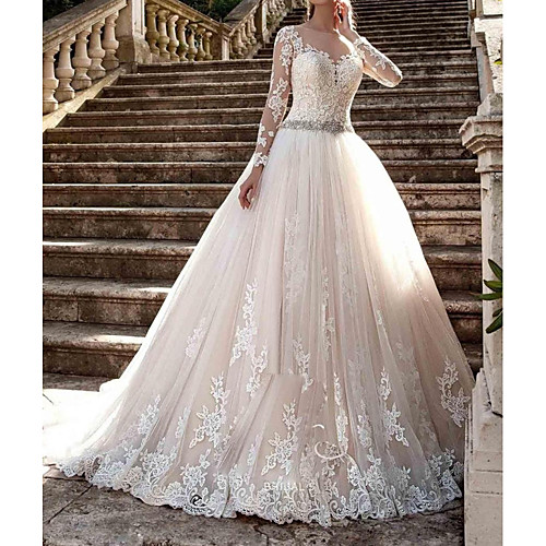 

A-Line Wedding Dresses Jewel Neck Sweep / Brush Train Polyester Long Sleeve Country Plus Size with Lace Insert Appliques 2020 / Illusion Sleeve