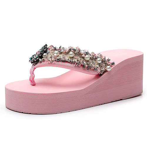 

Women's Slippers & Flip-Flops Wedge Heel Open Toe Rhinestone / Imitation Pearl Polyester Sweet / Chinoiserie Walking Shoes Summer Black / Wine / White