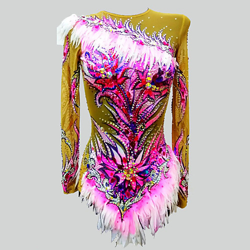 

21Grams Rhythmic Gymnastics Leotards Artistic Gymnastics Leotards Women's Girls' Leotard Blushing Pink Spandex High Elasticity Breathable Handmade Jeweled Diamond Look Long Sleeve Training Dance