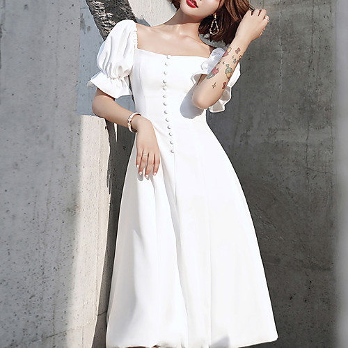 

A-Line White Vintage Holiday Cocktail Party Dress Scoop Neck Short Sleeve Knee Length Spandex with Buttons 2021