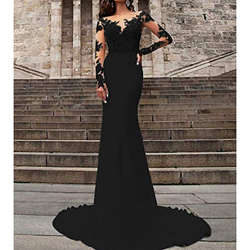 

Mermaid / Trumpet Wedding Dresses V Neck Sweep / Brush Train Polyester Long Sleeve Formal Plus Size Black Modern with Ruffles Draping 2021