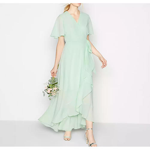 

A-Line Flirty Spring Holiday Wedding Guest Dress V Neck Short Sleeve Asymmetrical Polyester with Ruffles Draping 2021
