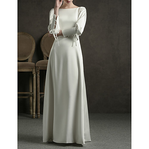 

Sheath / Column Wedding Dresses Jewel Neck Floor Length Satin Long Sleeve Simple Elegant with Bow(s) 2021