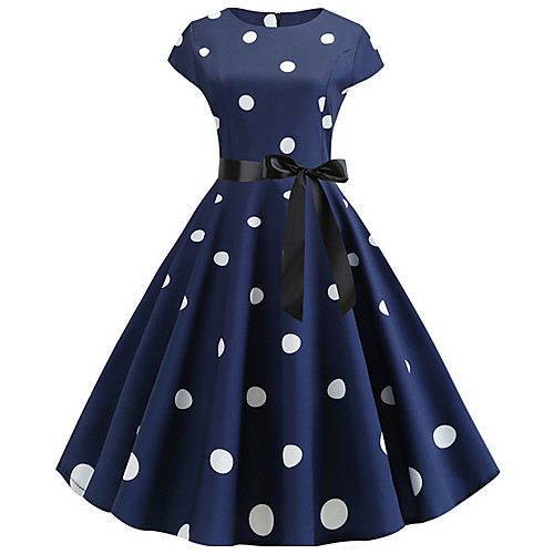 

Women's A Line Dress Midi Dress Black Blue Red Navy Blue Short Sleeve Polka Dot Pleated Round Neck Hot Vintage S M L XL XXL